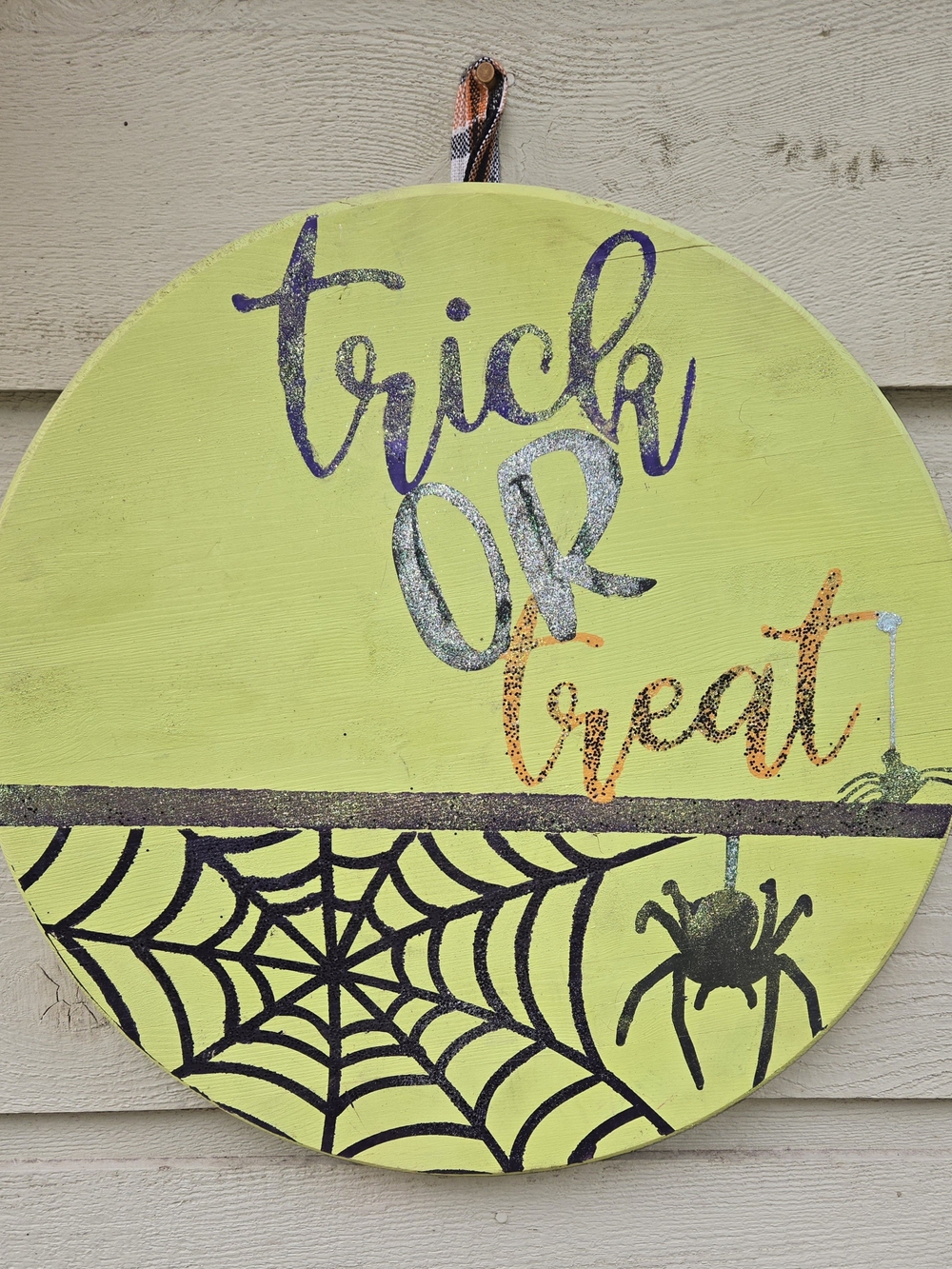 Handmade 18" Trick or Treat Halloween Door Sign – Spider Web & Glitter Spider
